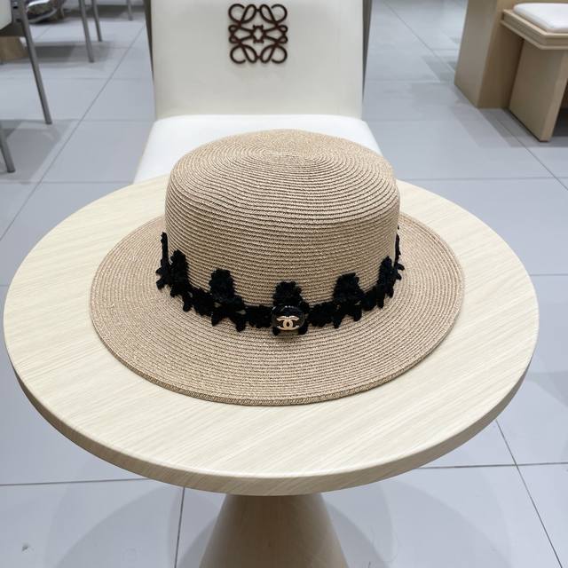 Chanel Chanel straw hat women's new summer lace flat brim sun hat UV sun hat ant