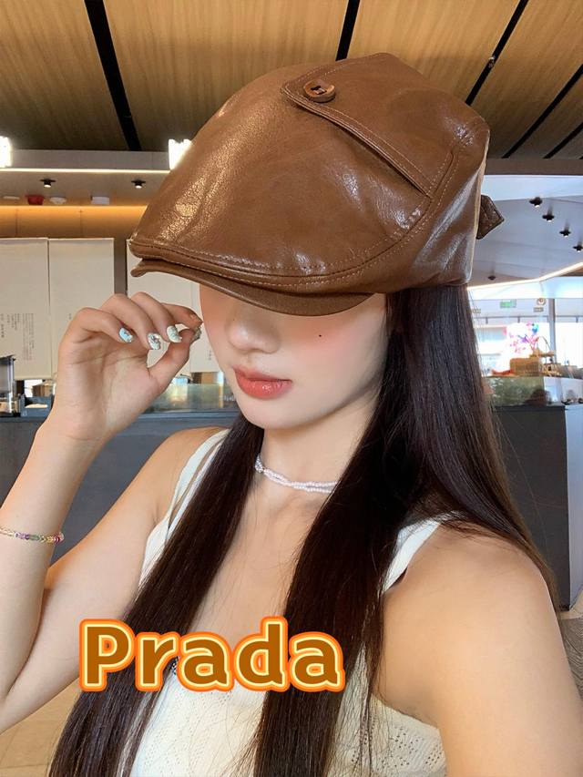 prada Prada 2025 new autumn retro pu leather forward hat female Korean version p
