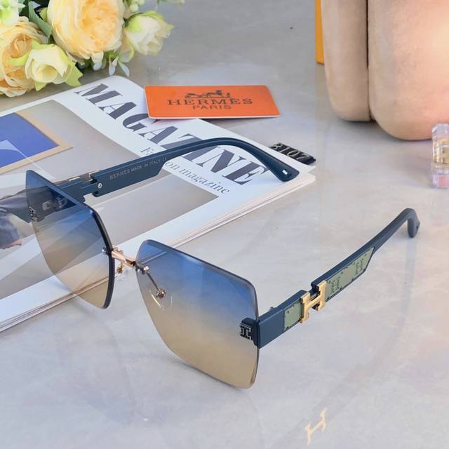 Herme* new H-style square frameless trim sunglasses Internet celebrity personal