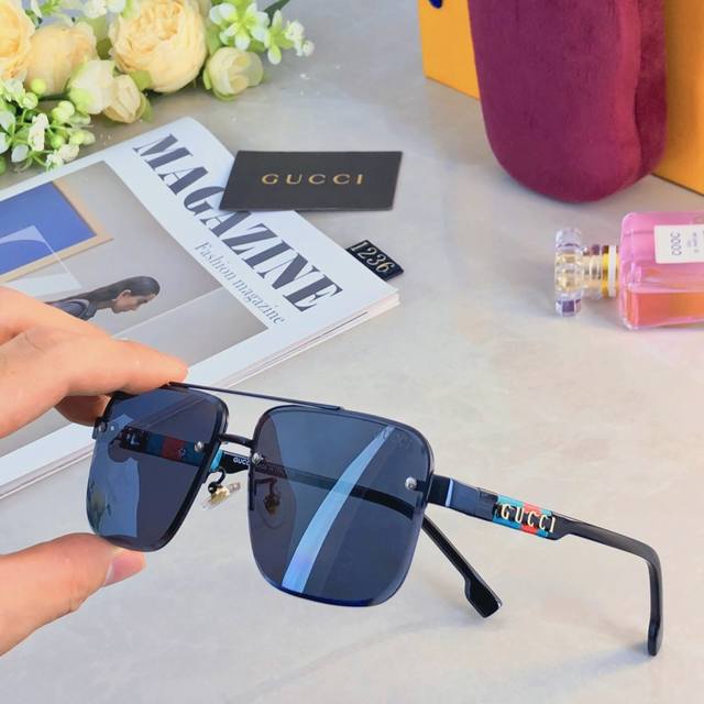 Gucc*European and American retro sunglasses metal double beam high-end business