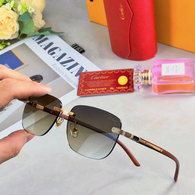 Cartie* New Fashion Frameless Sunglasses with Cut Edge Wood Grain Temples Square