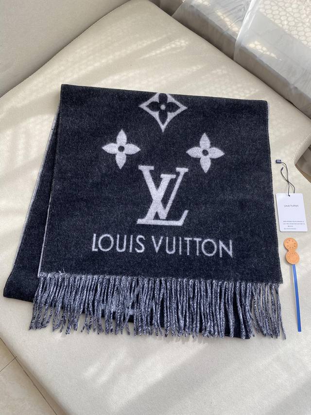 Chip Edition 1V Double-Sided Shawl Scarf Black and Gray 190*45cm 100% Cashmere