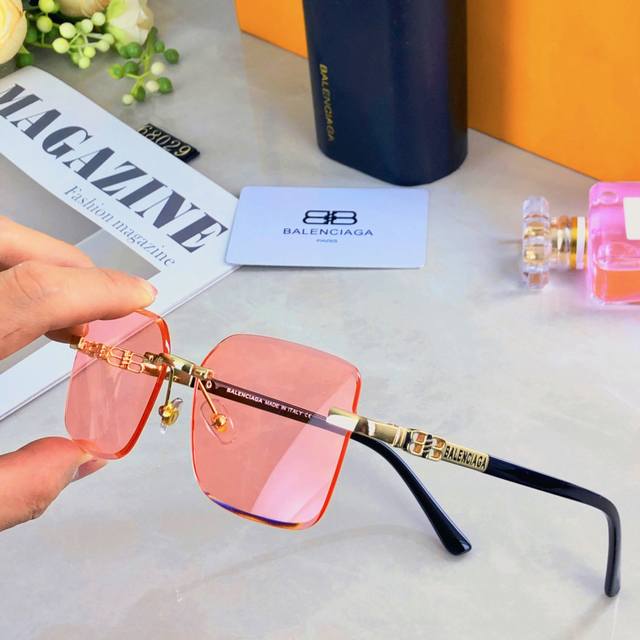 Balenciag*2025 trendy new frameless trimmed sunglasses high-end sun protection w