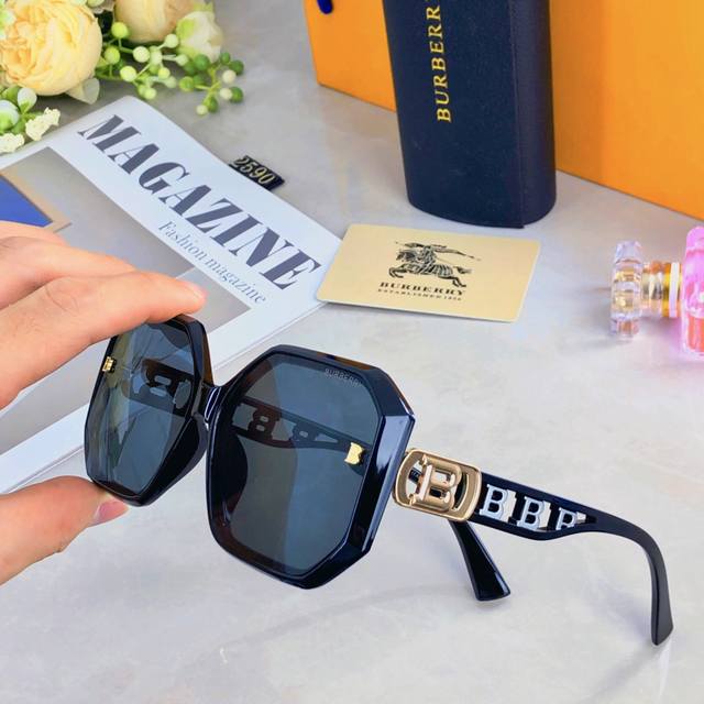 Burberr* New polygonal large frame hollow letter leg fashion sunglasses gradient