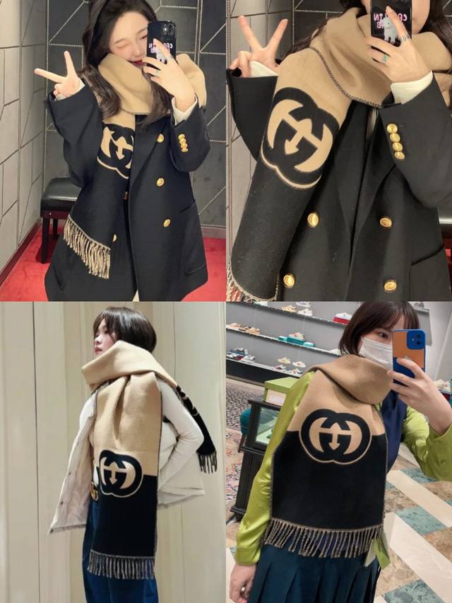 This hot-selling Interlocking G scarf features a classic double-sided, two-tone