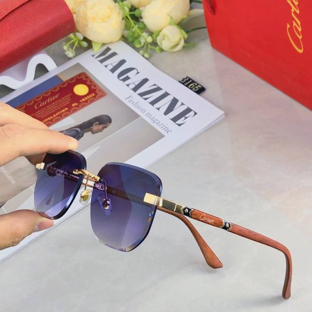 Cartie* frameless trimmed wood grain sunglasses for men and women, elegant retro