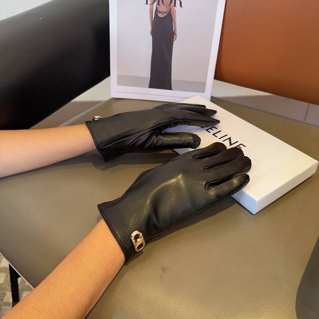 Celine sheepskin gloves, fashionable gloves, warm in autumn and winter with fle