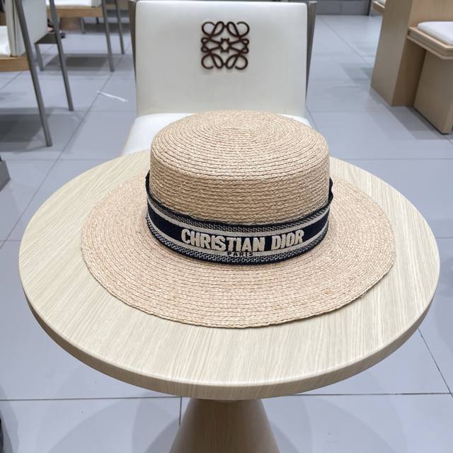 Dior flat top straw hat, raffia straw hat, head circumference 57cm