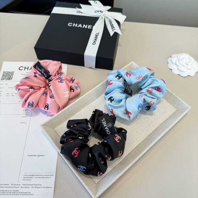 Chanel hairband, satin fabric, blue, pink and black
