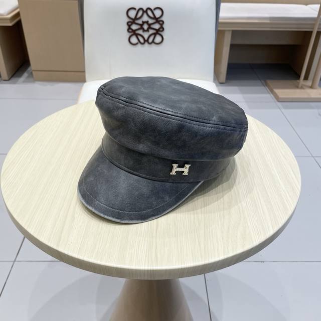 Hermes leather duck tongue octagonal hat female spring and autumn literary all-