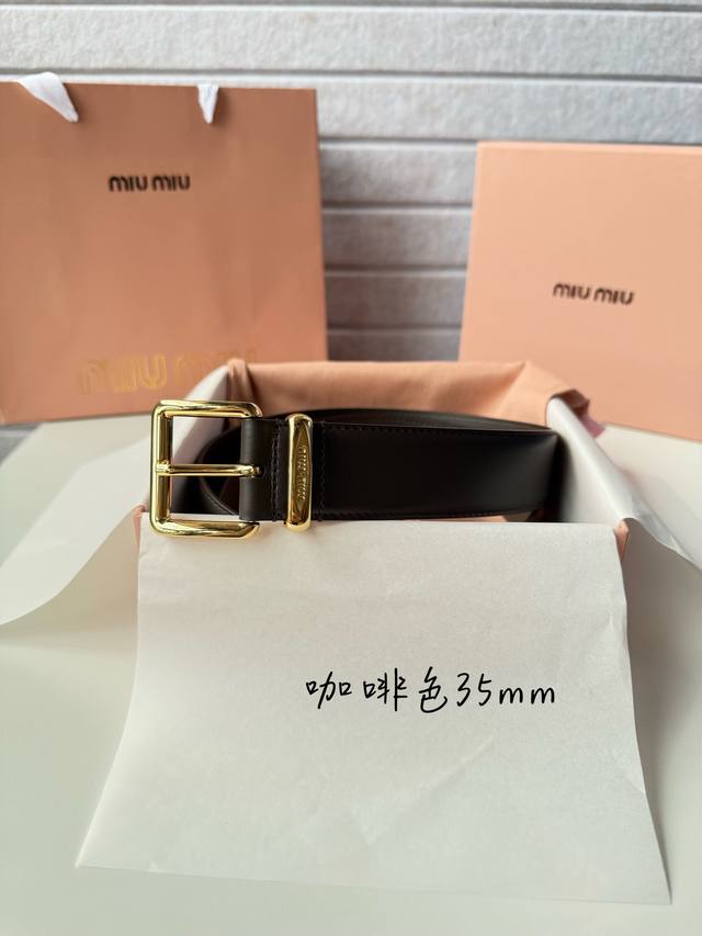 Miumiu high-end women's belt width 3.5cm Double-sided first-layer calfskin mater