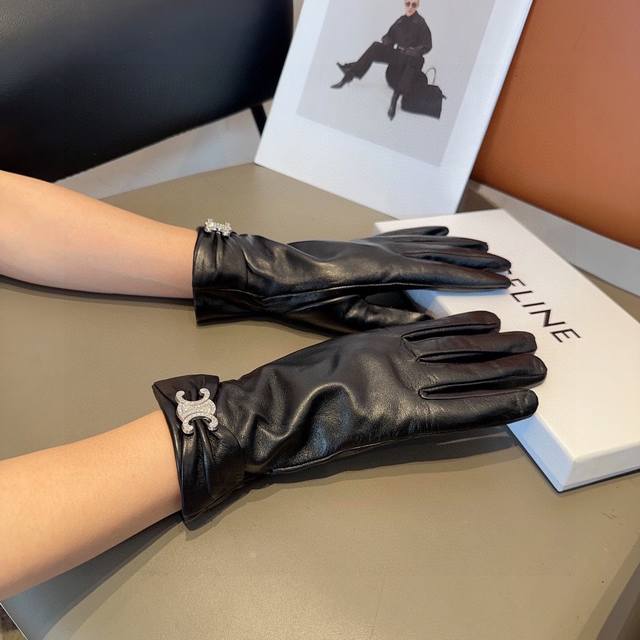 Celine sheepskin gloves, fashionable gloves, warm in autumn and winter with fle