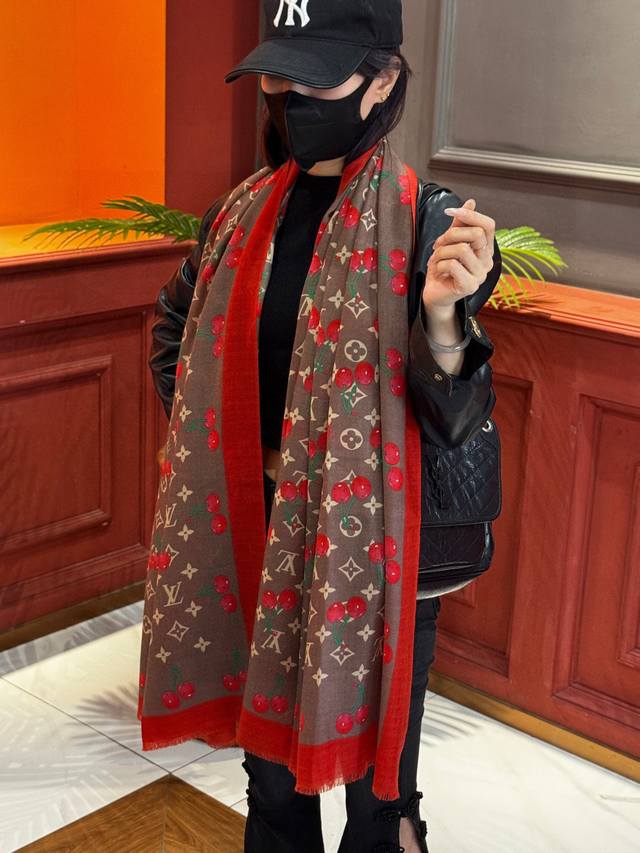 New arrival: the new Cherry Lv Cashmere Square Scarf. The Lv x Tm Monogram Ceri