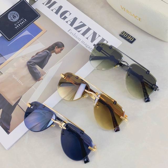 Versace European and American style double beam frameless sunglasses Ins high-en