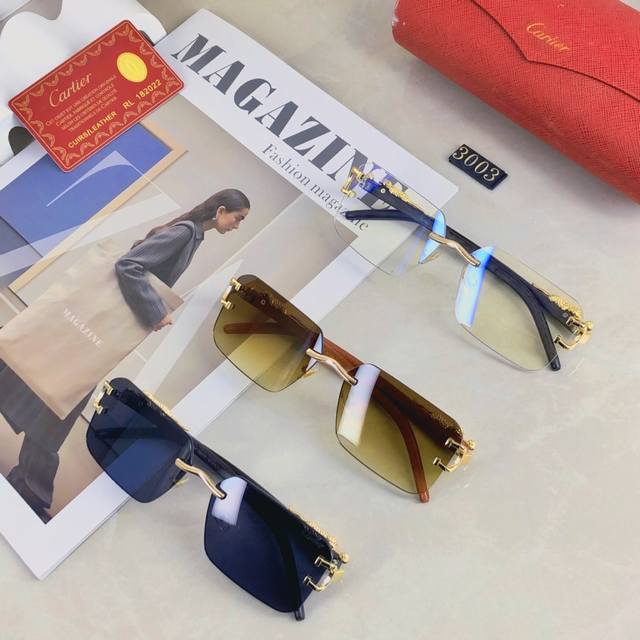 Cartier new frameless sunglasses with cut-edge personality leopard temples sungl