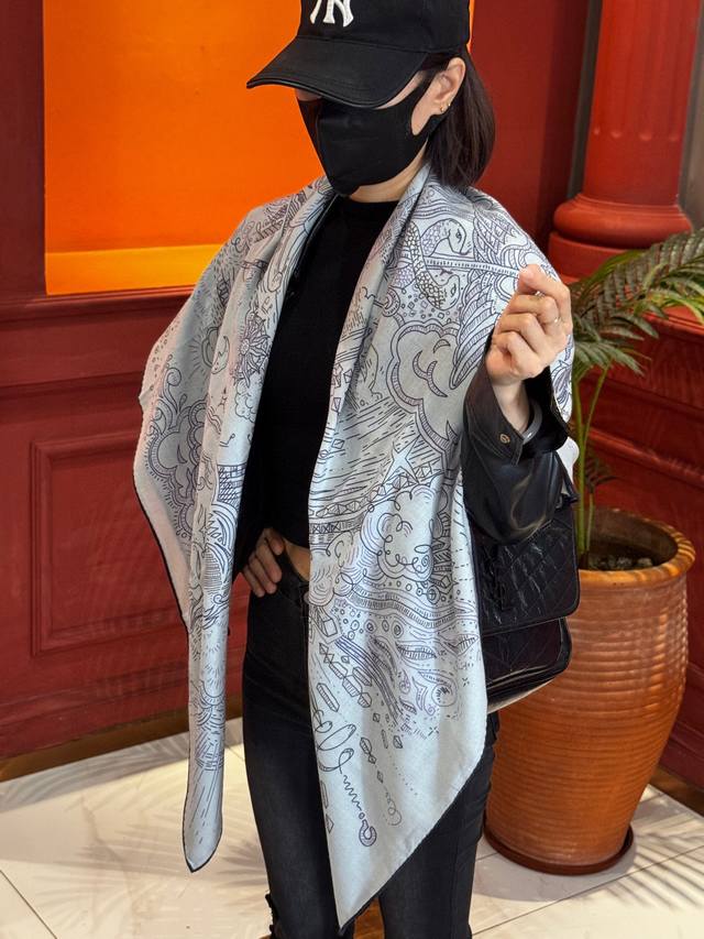 Connecting" 140 Silk and Wool Square Scarf 140 Premium Silk and Wool Double-Sid