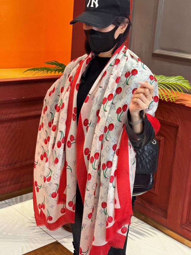New arrival: the new Cherry Lv Cashmere Square Scarf. The Lv x Tm Monogram Ceri