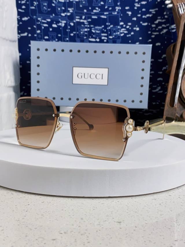 Gucci 2025 new square pearl metal sunglasses women's frameless retro sunglasses