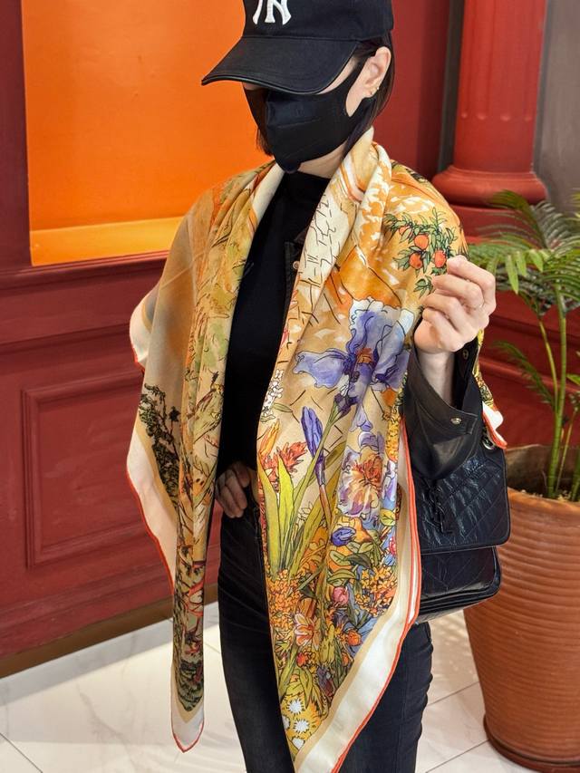 140 Double-Sided Silk and Wool Shawl Lv Hand-Hemmed Silk and Wool Square Scarf 3