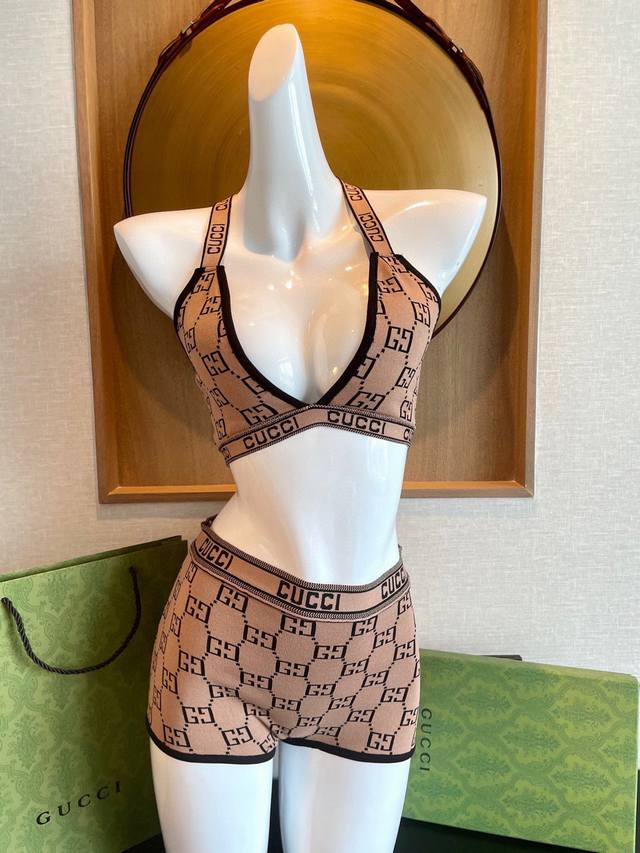 Gucci knitted bikini set two-piece swimsuit Ff letter print tube top underwear +