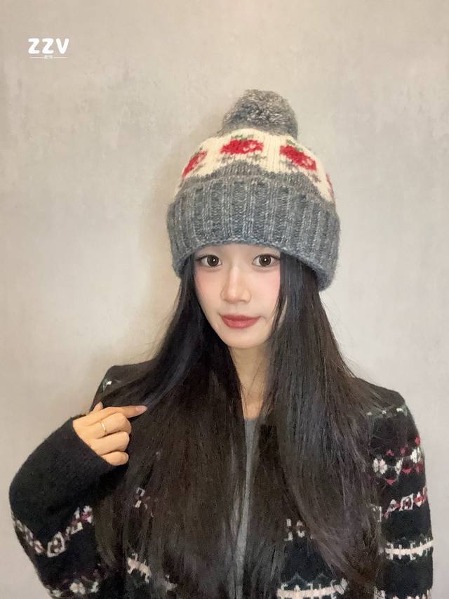 Moncler 2025 new Fair Isle Plaid cute cherry pompom knitted hat for women autumn