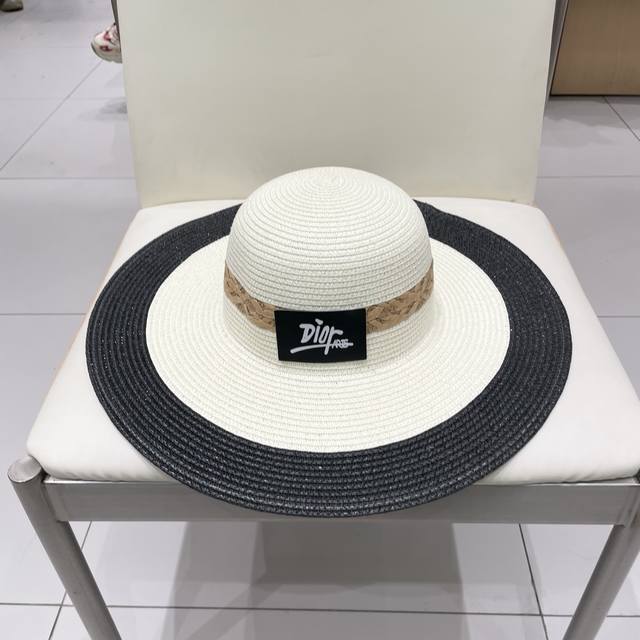 Dior new straw hat, hand-crocheted straw hat, large brim straw hat, foldable sun