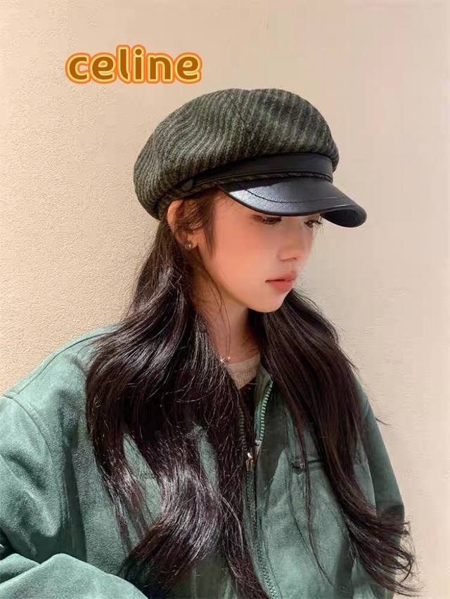 Celine Japanese elegant mixed color tweed leather brim octagonal hat thick warm