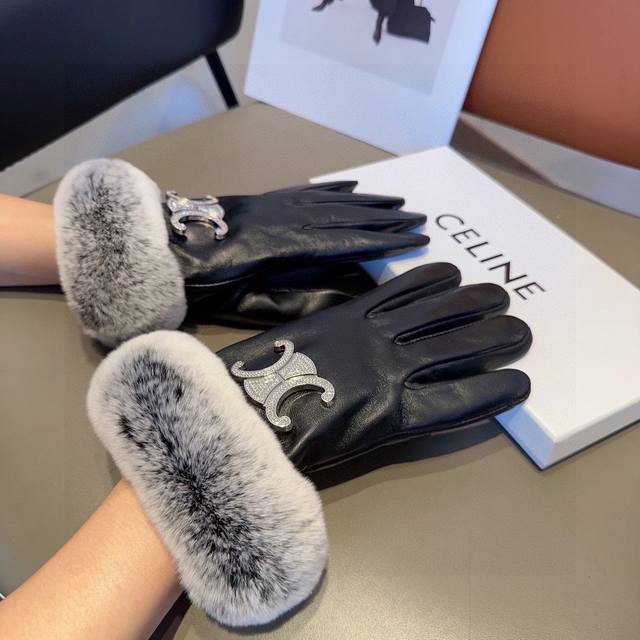 Celine sheepskin gloves, fashionable gloves, warm lining for autumn and winter,
