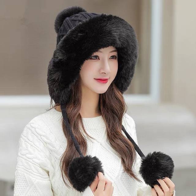 Chanel new wool hat for women winter cute fur ball pullover hat warm plus velvet
