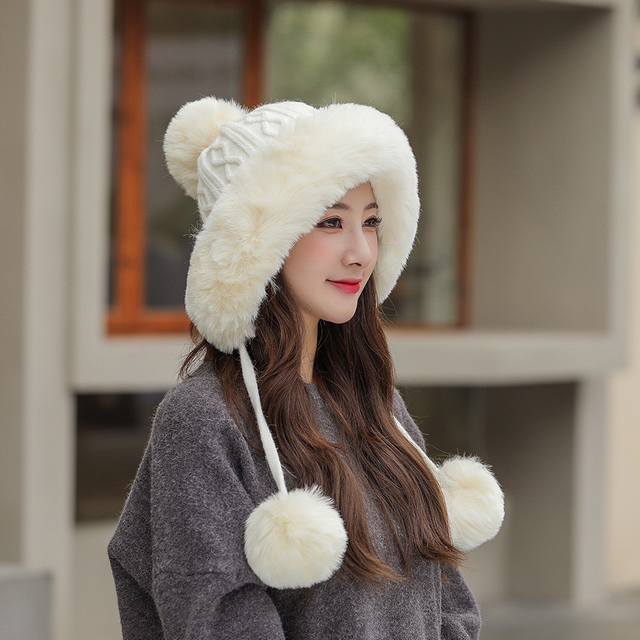 Chanel new wool hat for women winter cute fur ball pullover hat warm plus velvet