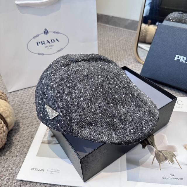 prada Prada 2025 new fashion all-match forward cap with sequins and very texture