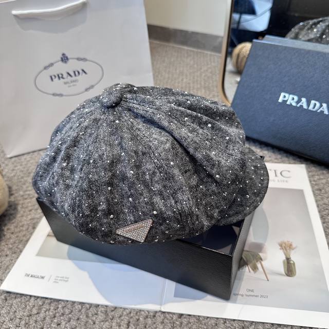 prada Prada 2025 new fashion all-match octagonal hat casual all-match beret sequ