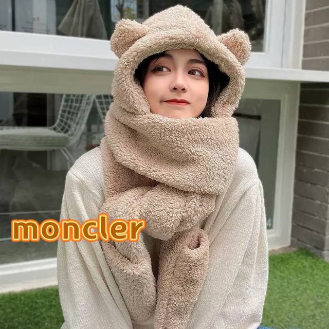 Moncler Korean bear lamb wool hat gloves scarf three-piece cute hat female winte