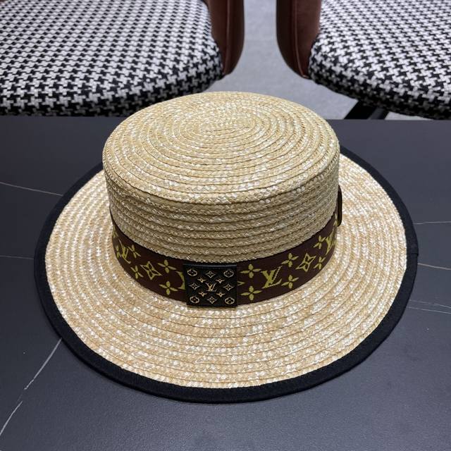 Lv Louis Vuitton flat top hat spring and summer edging lace retro simple wide br