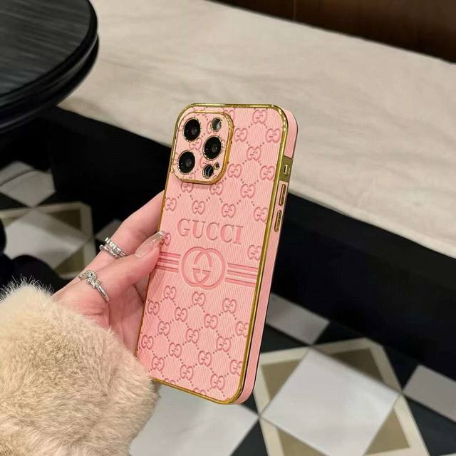 Gucci electroplated side sticker embossed mobile phone case full cover fine hole