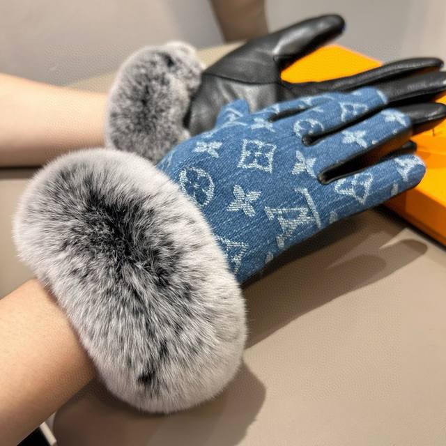 2025Lv new fur denim with leather gloves, fashionable motorcycle gloves, new aut