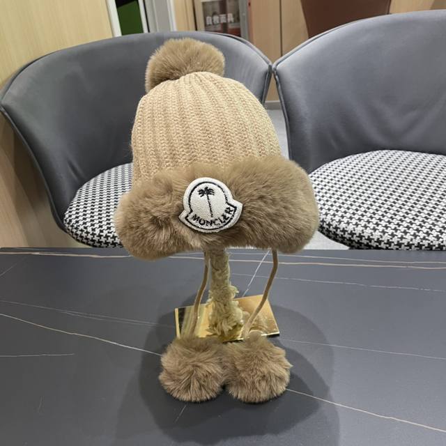 Moncler autumn and winter style fur ball ear plush hat for women outdoor plus ve