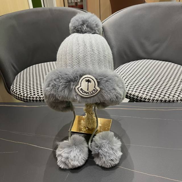 Moncler autumn and winter style fur ball ear plush hat for women outdoor plus ve