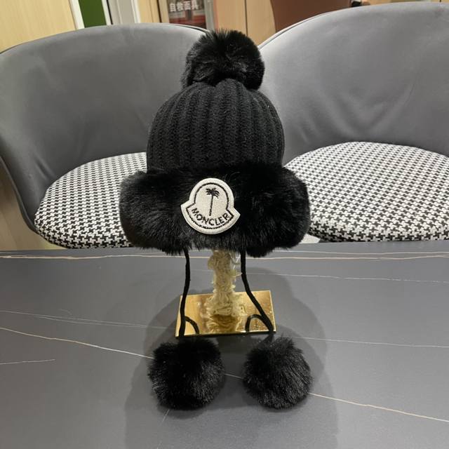 Moncler autumn and winter style fur ball ear plush hat for women outdoor plus ve