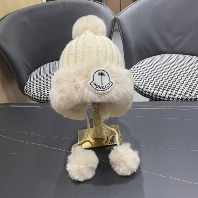 Moncler autumn and winter style fur ball ear plush hat for women outdoor plus ve