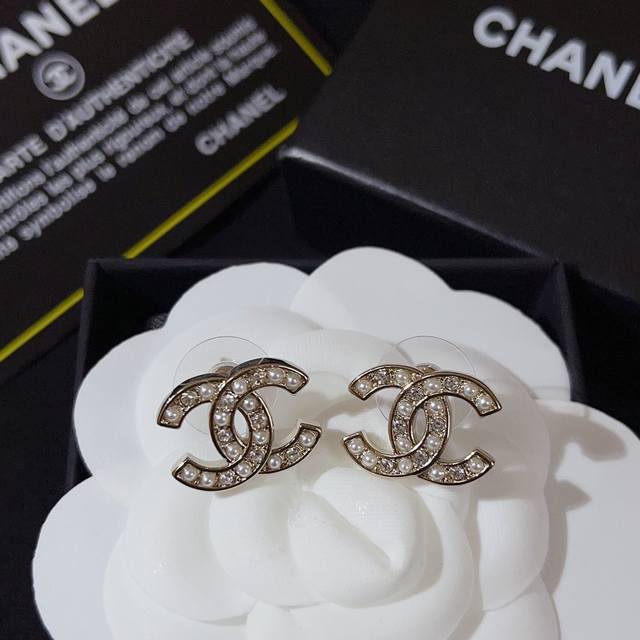 Chanel Chanel Pearl Rhinestone Double C Earrings Beautiful design, each rhinesto