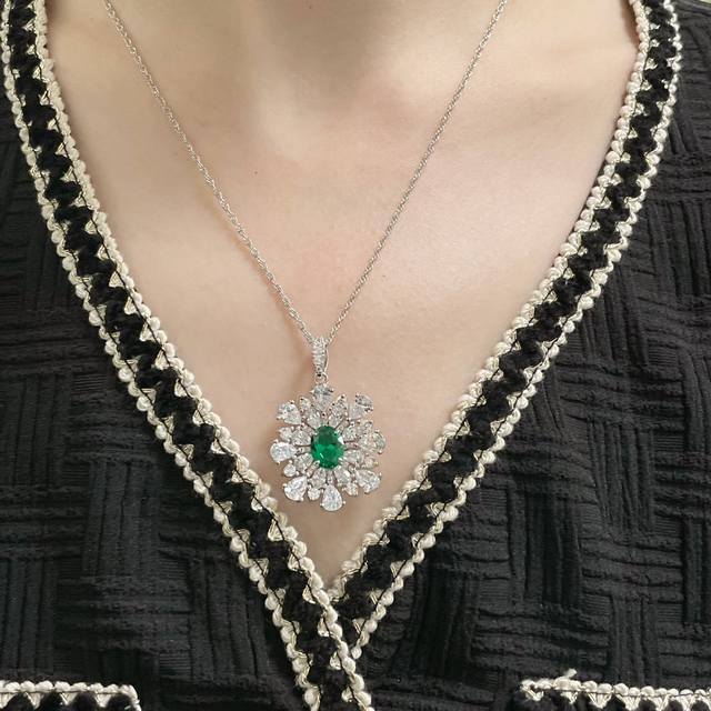 Colored Gemstone: Custom imported floral green diamond necklace. Green diamonds
