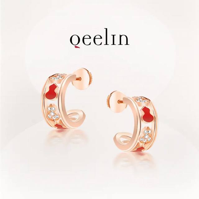 V Gold Kirin Circle Red Gourd Earrings, a symbol of eternal happiness and prospe