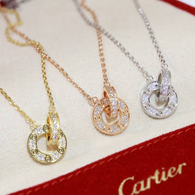 Cnc version Cartier double ring micro-encrusted diamond necklace, two linked tog