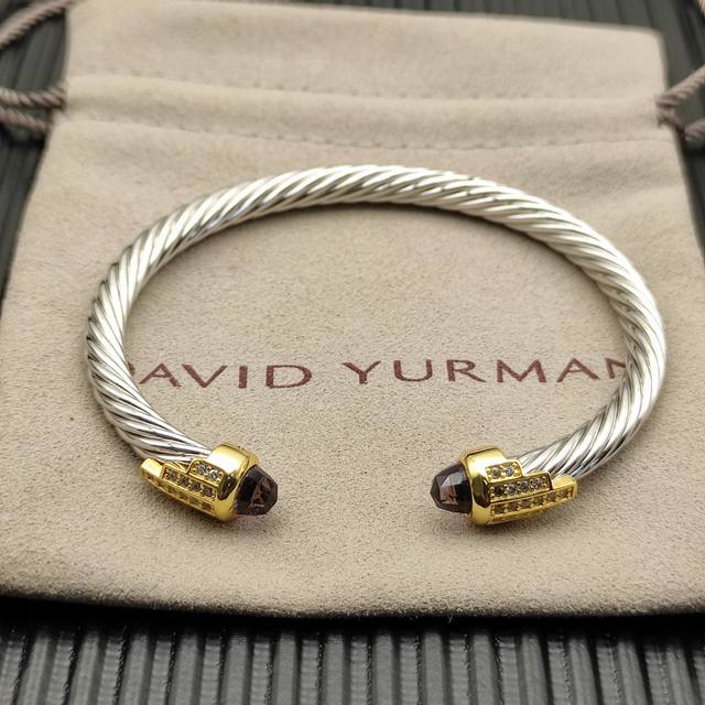 David Yurman 5mm gold-tipped, 5-row silver diamond bracelet. Purple diamonds, re