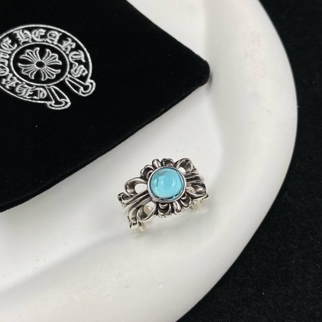 Counter quality Chrome Hearts classic retro cross flower blue diamond open ring