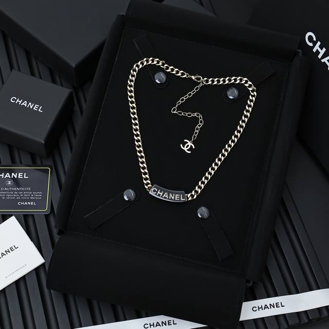 Chanel acrylic letter necklace Black arc acrylic resin, classic rhinestone lette