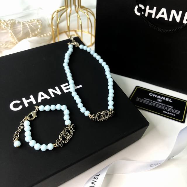 Bracelet Necklace Chanel blue glass bead flower set Top-grade electroplating in
