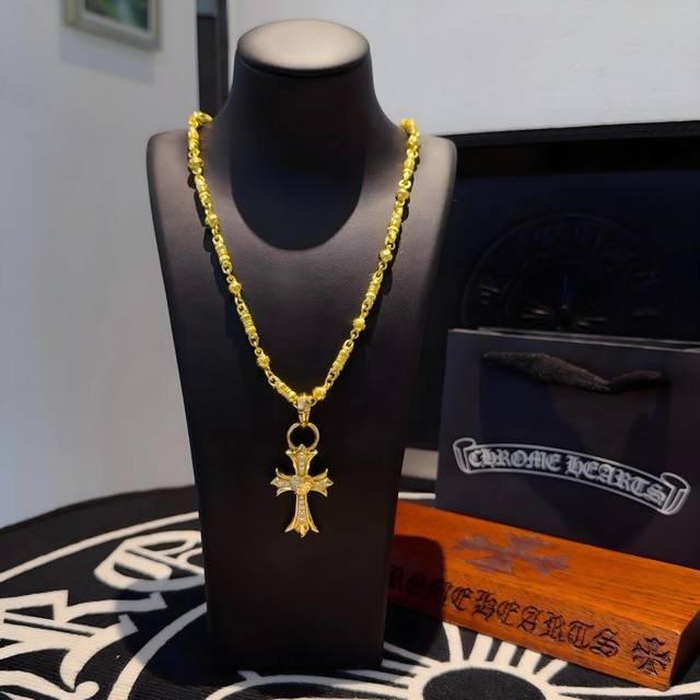 New counter quality Chrome Hearts gold retro cross flower ball necklace vine lo