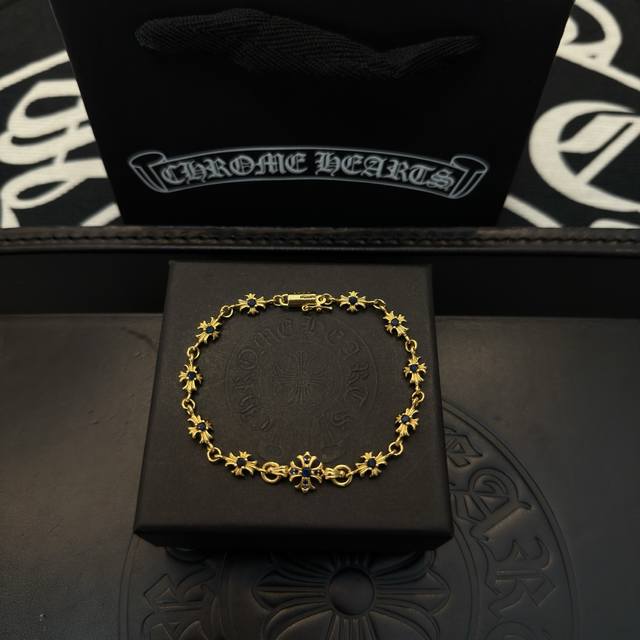 New counter quality Chrome Hearts gold blue diamond cross bracelet with concave